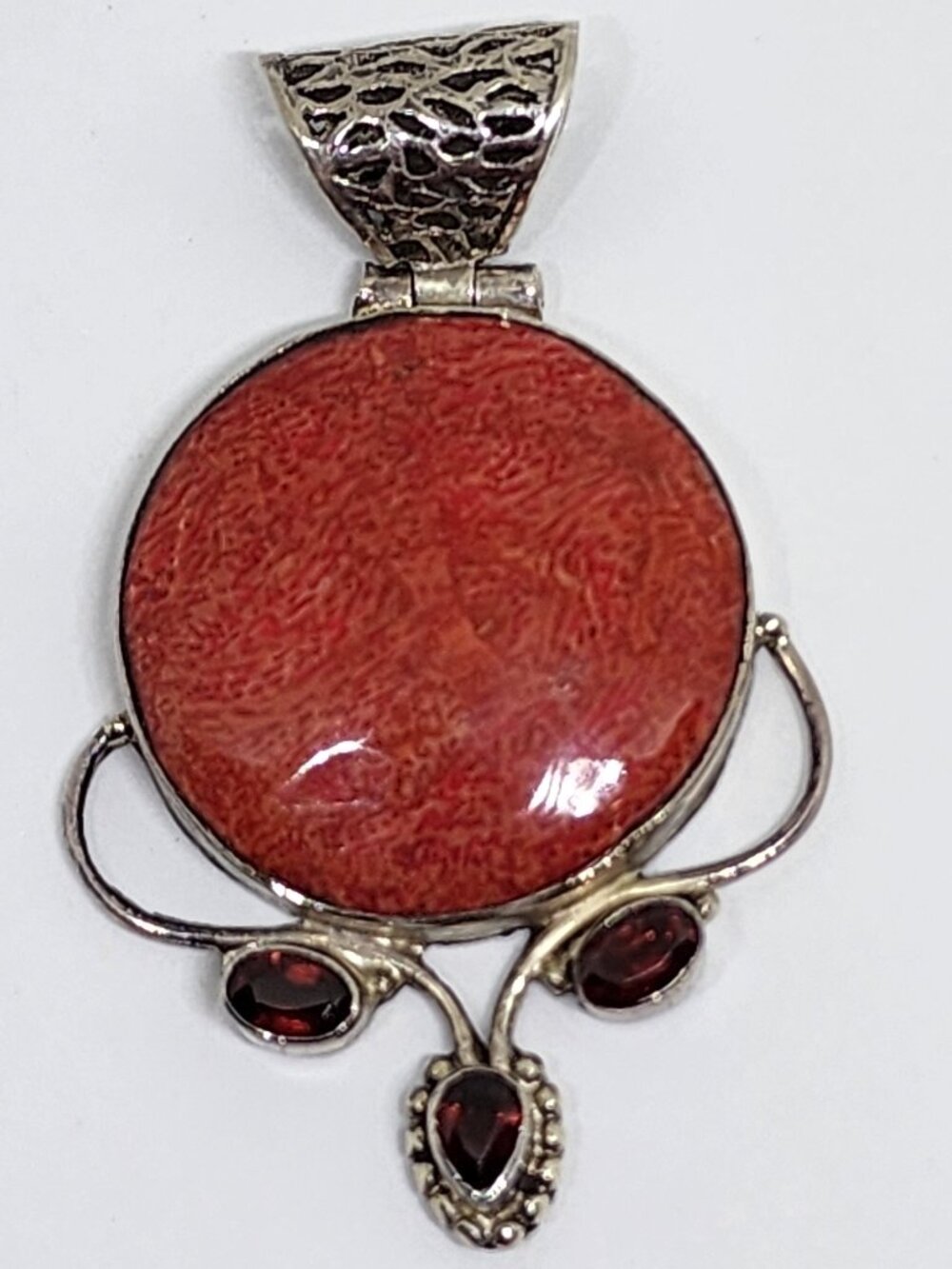 Vintage Red Jasper and Garnet Handmade Sterling Silver Pendant 13.7 grams